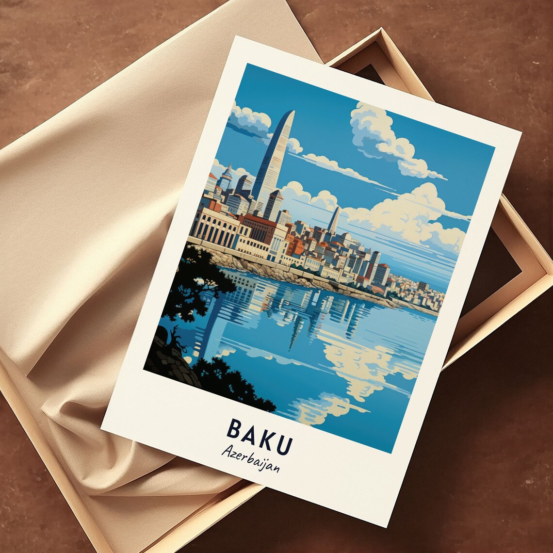 Baku Azerbaijan Modern Waterfront Skyline Minimalist Travel Poster - Image 3