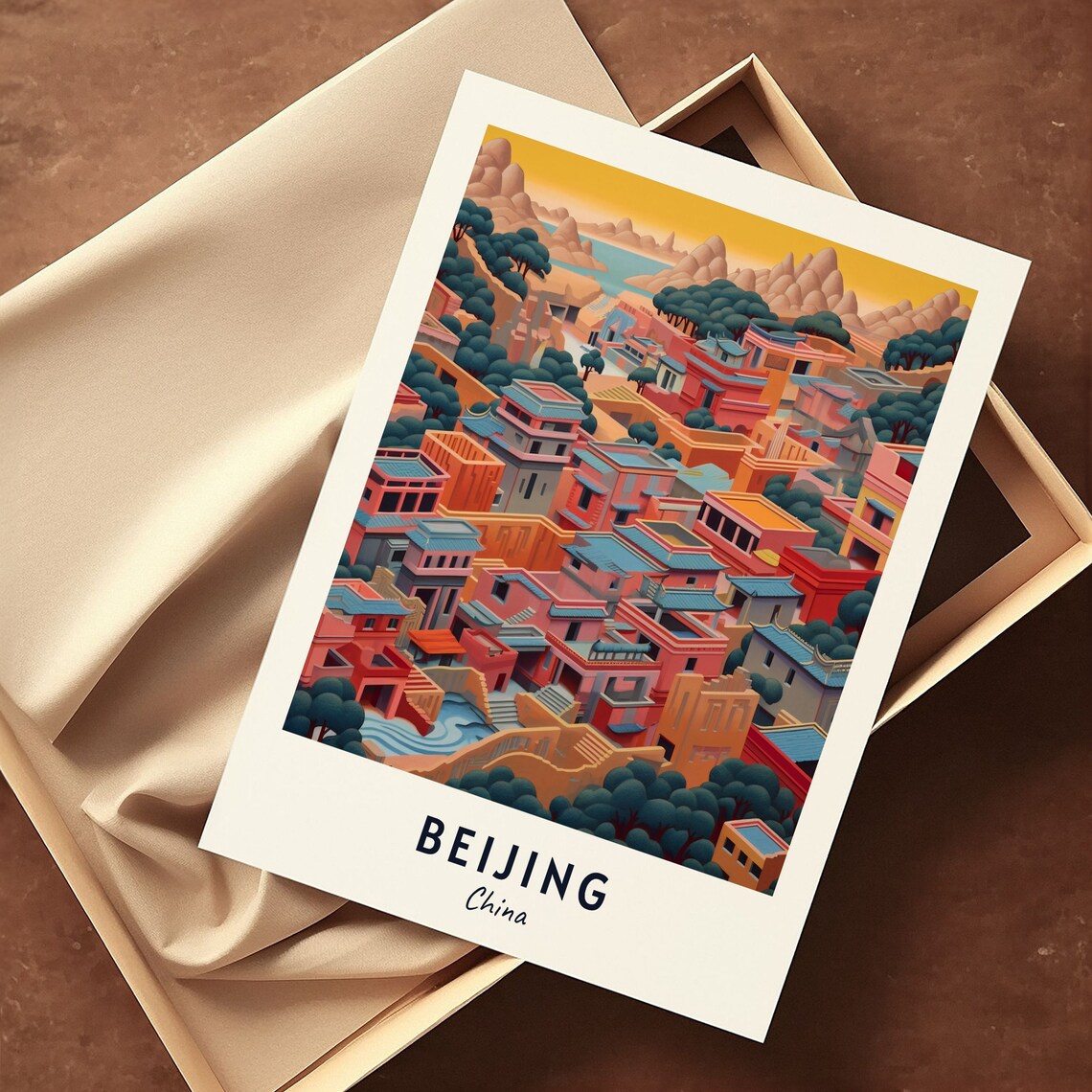 Beijing China Colorful Hillside Houses Lake Morning Travel Poster - Image 3