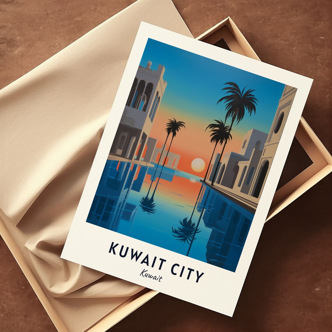 Kuwait City Sunset Canal Walkway Palms Reflection Travel Poster - Image 3