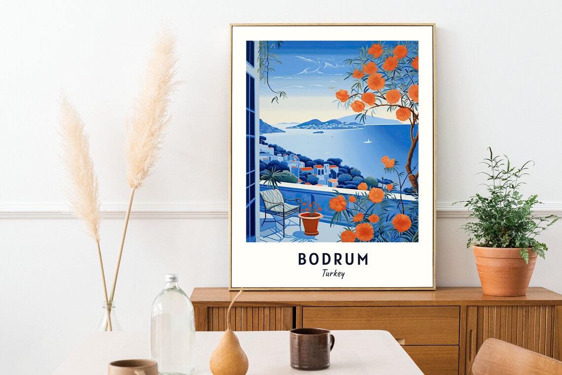 Bodrum Turkey Terrace Over Blue Bay With Orange Blossom Branches Poster - Image 2