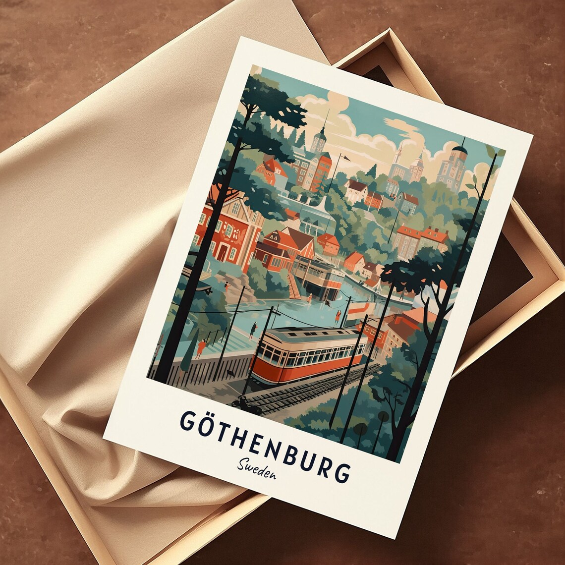 Gothenburg Sweden Red Tram Hillside Cityscape Scenic Travel Poster - Image 3