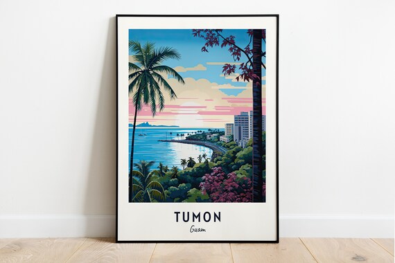 Tumon Guam Tropical Bay Hotels Palm Trees Sunset Ocean Art Poster