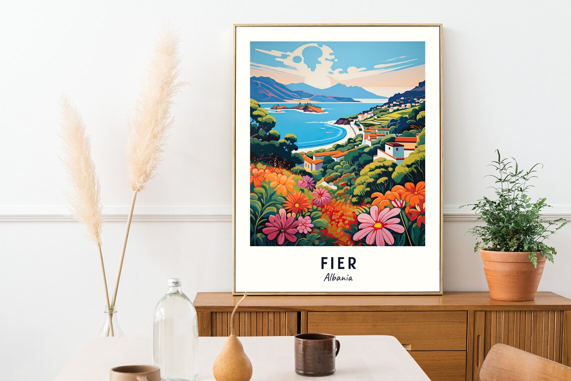 Fier Albania Coastal Bay Wildflowers Hills Colorful Travel Poster - Image 2