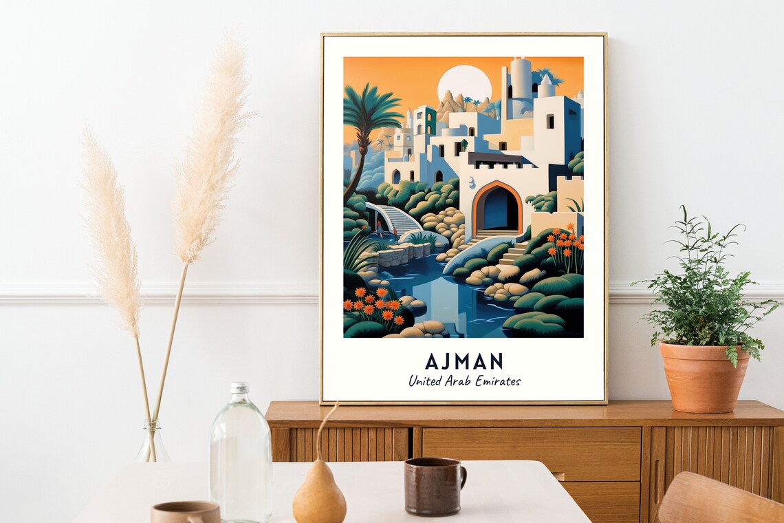Ajman Fort White Citadel Sunset Palm Garden Pond Travel Poster - Image 2