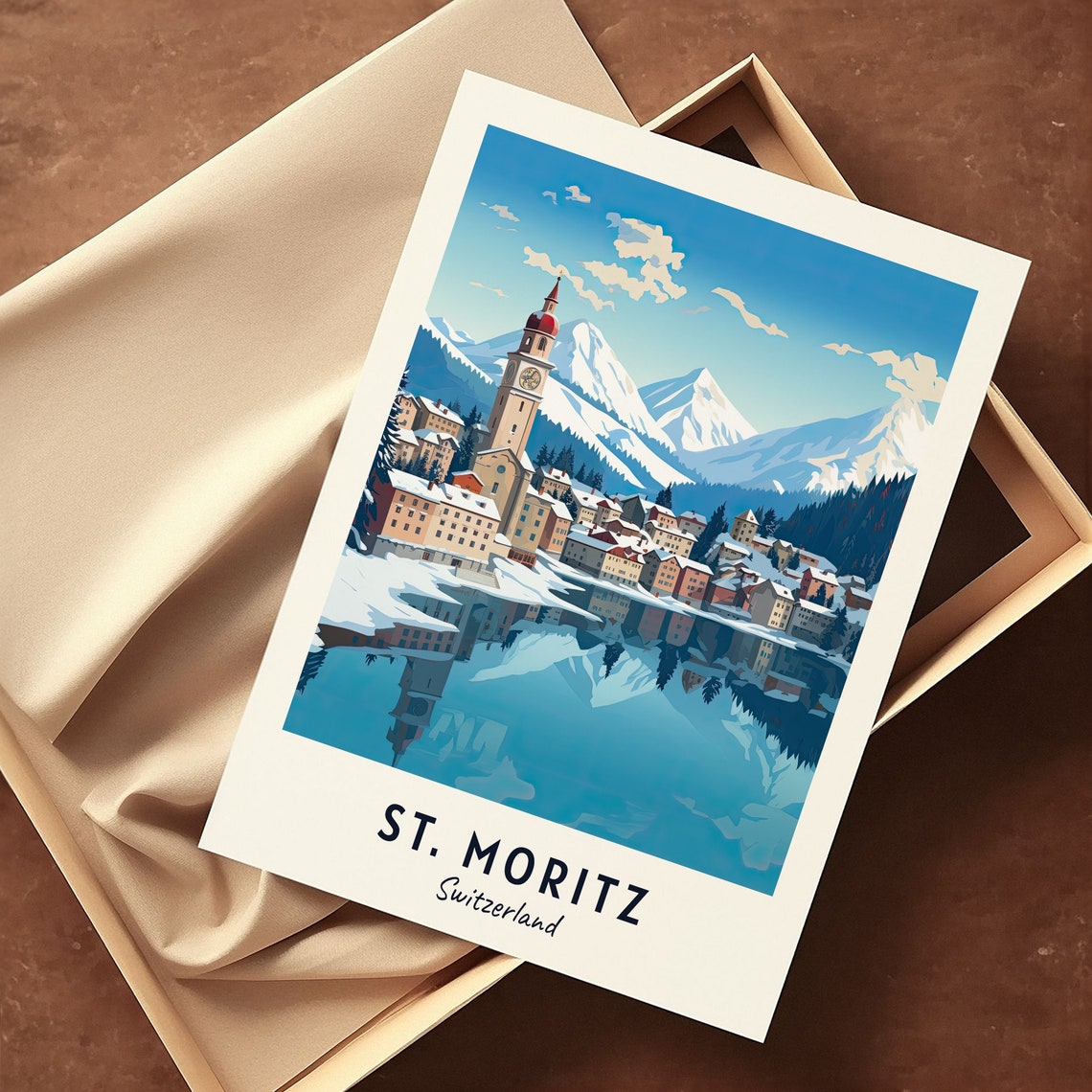 St. Moritz Switzerland Lake Reflection and Clock Tower Poster - Image 3