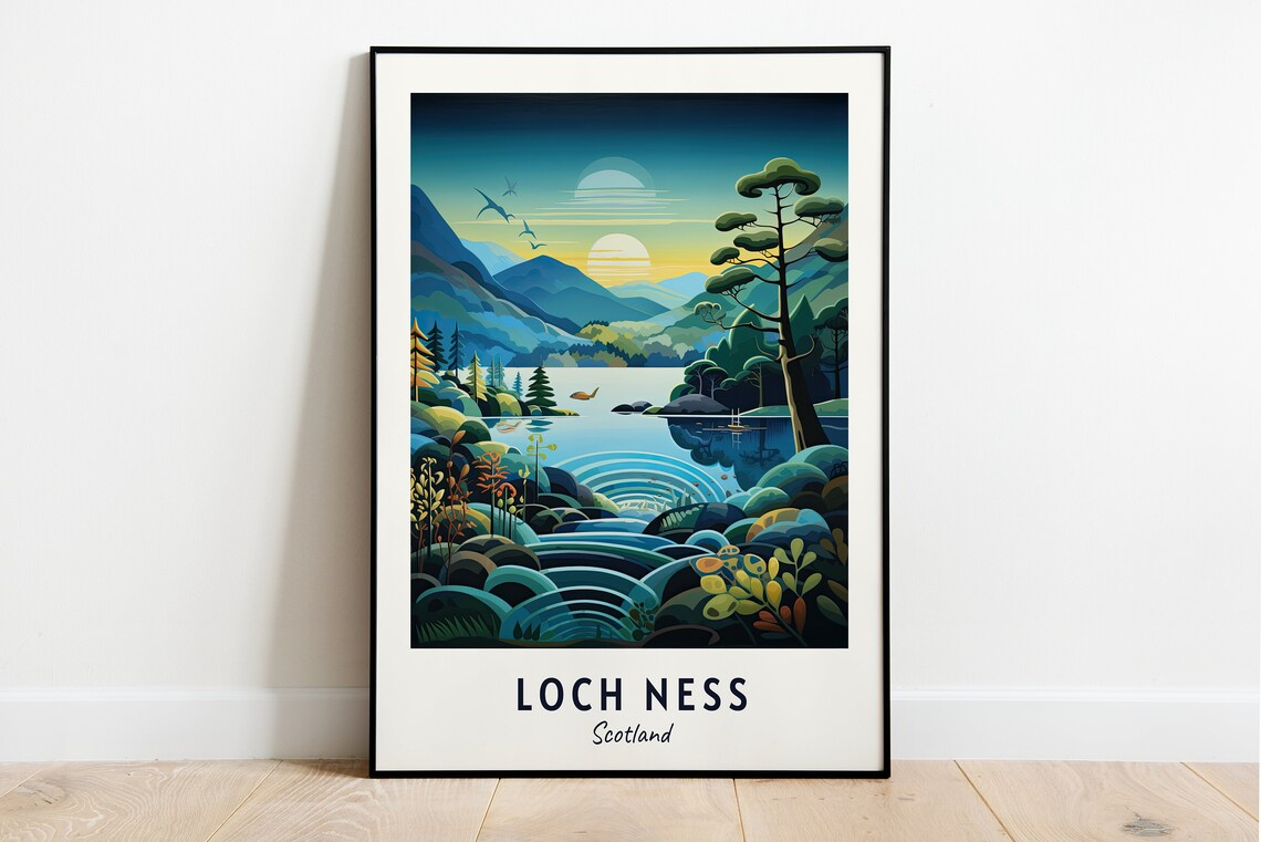 Loch Ness Scotland Sunrise Pine Forests Misty Hills Travel Poster