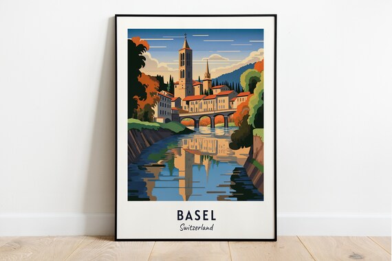Basel Switzerland Old Town Bridge River Reflection Travel Poster