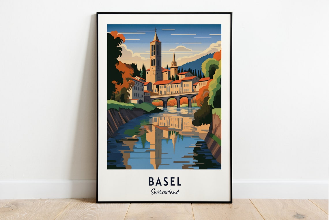 Basel Switzerland Old Town Bridge River Reflection Travel Poster