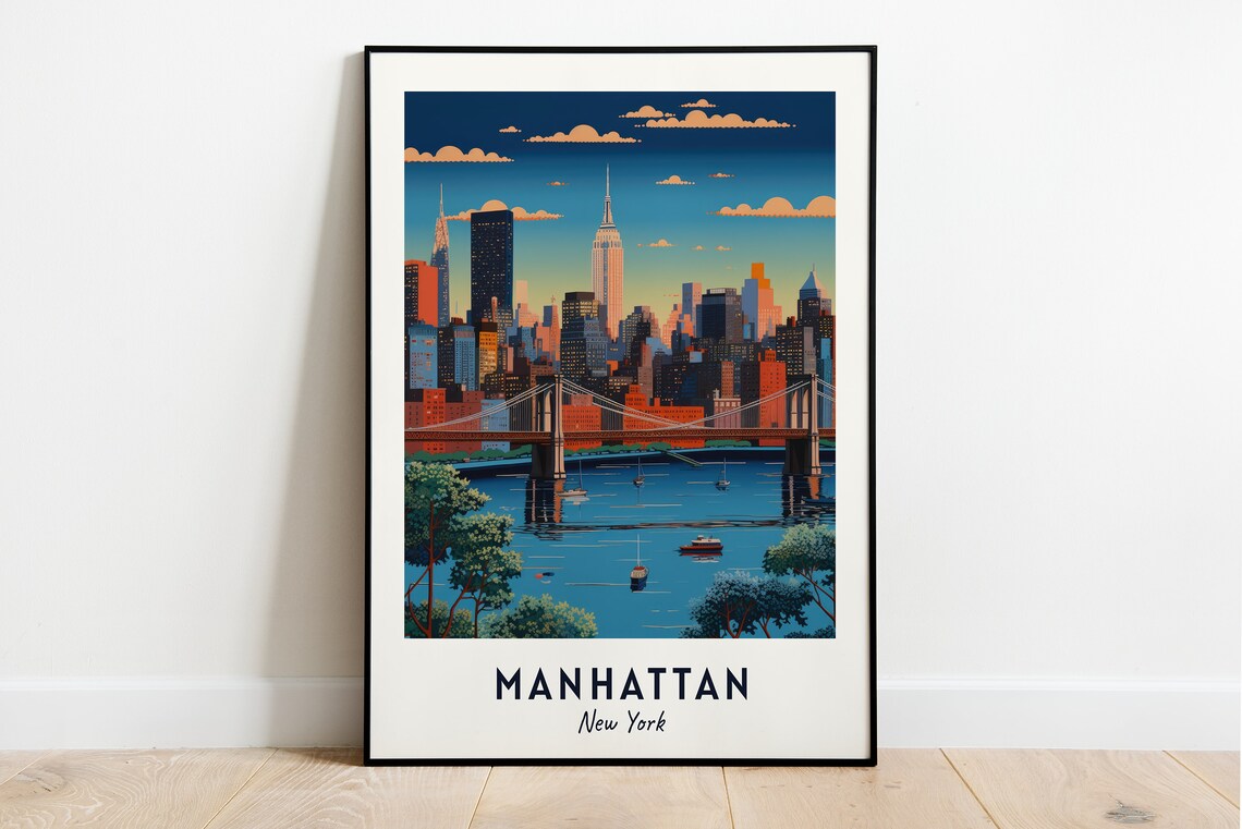 Manhattan New York Skyline Dusk Bridge Cityscape Travel Poster