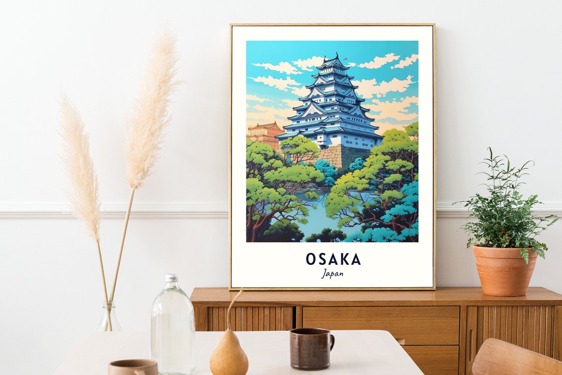 Osaka Japan White Castle Tower Lush Green Trees Scenic Travel Poster - Image 2