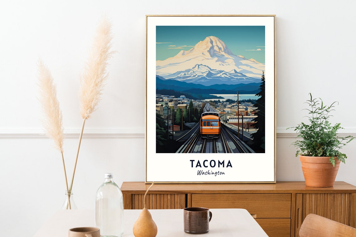 Tacoma Washington Train Tracks and Snowy Peak Mountain Travel Poster - Image 2