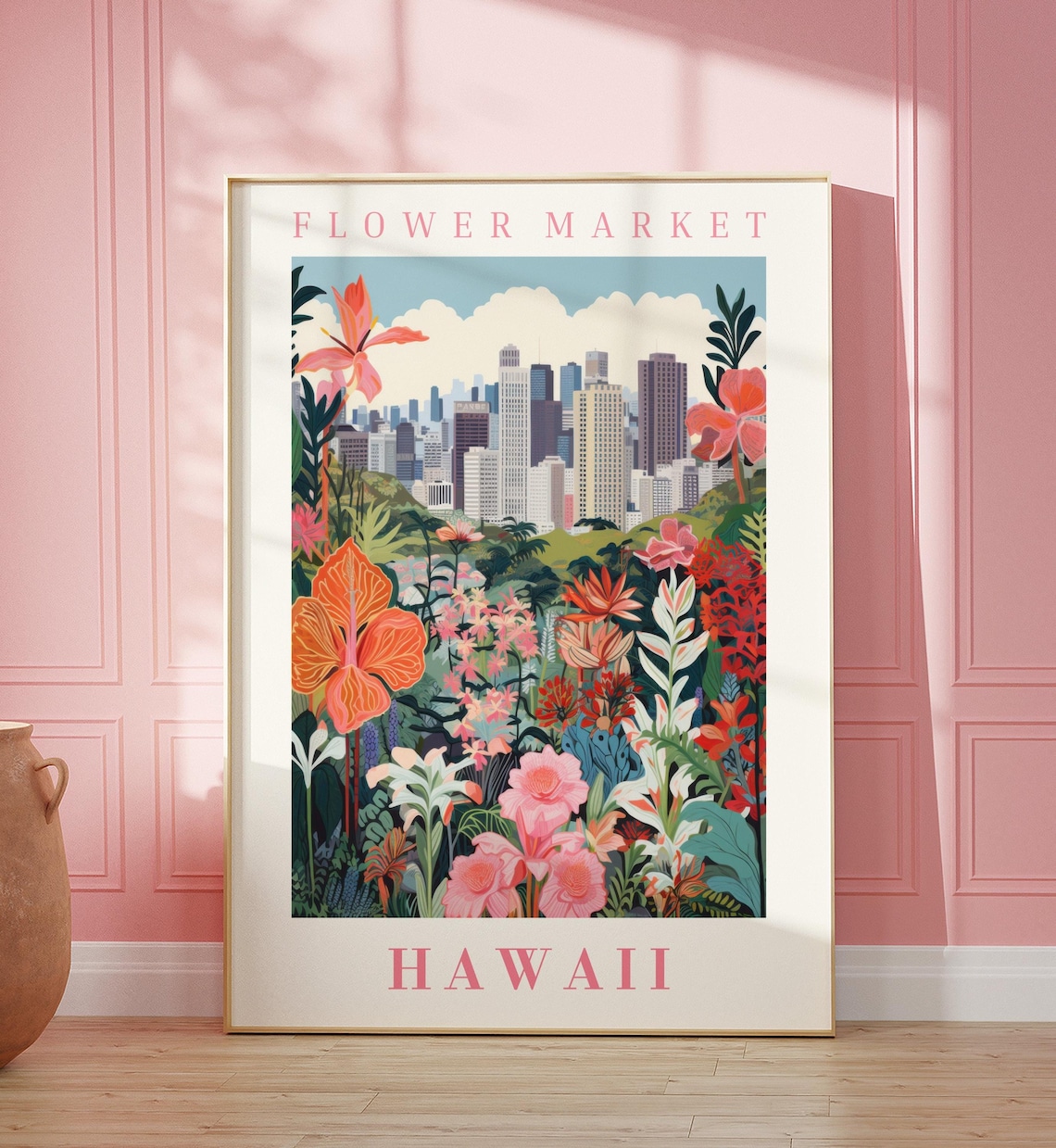 Hawaii Flower Market Poster Wall Decor United States Floral Illustration Botanical Gallery Wall Art Gift For Friend Travel Poster