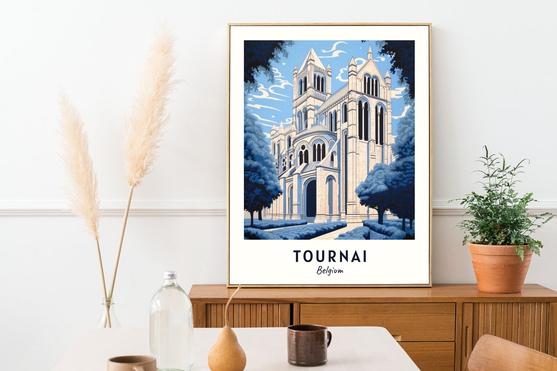 Tournai Belgium Gothic Cathedral Facade In Blue Tones Travel Poster - Image 2