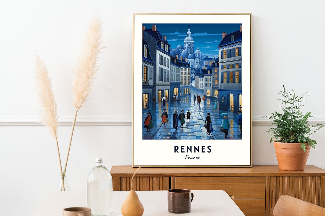 Rennes France Night Rain Old Town Street Travel Poster Home Decor - Image 2