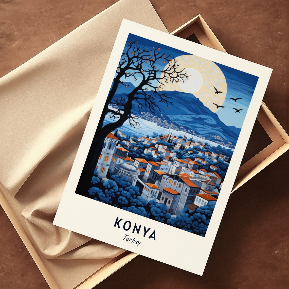 Konya Turkey Old Town Under Full Moon Beside Mountain Night Poster - Image 3