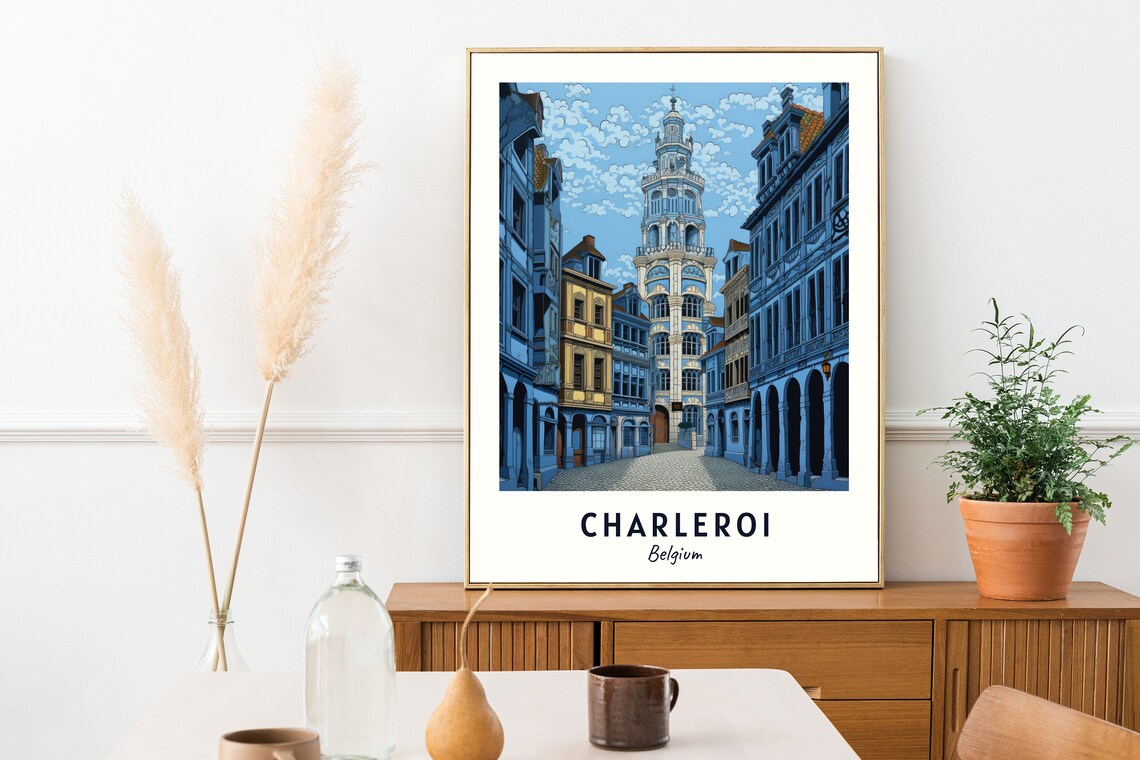 Charleroi Belgium Belfry Tower Old Town Street Monochrome Travel Poster - Image 2