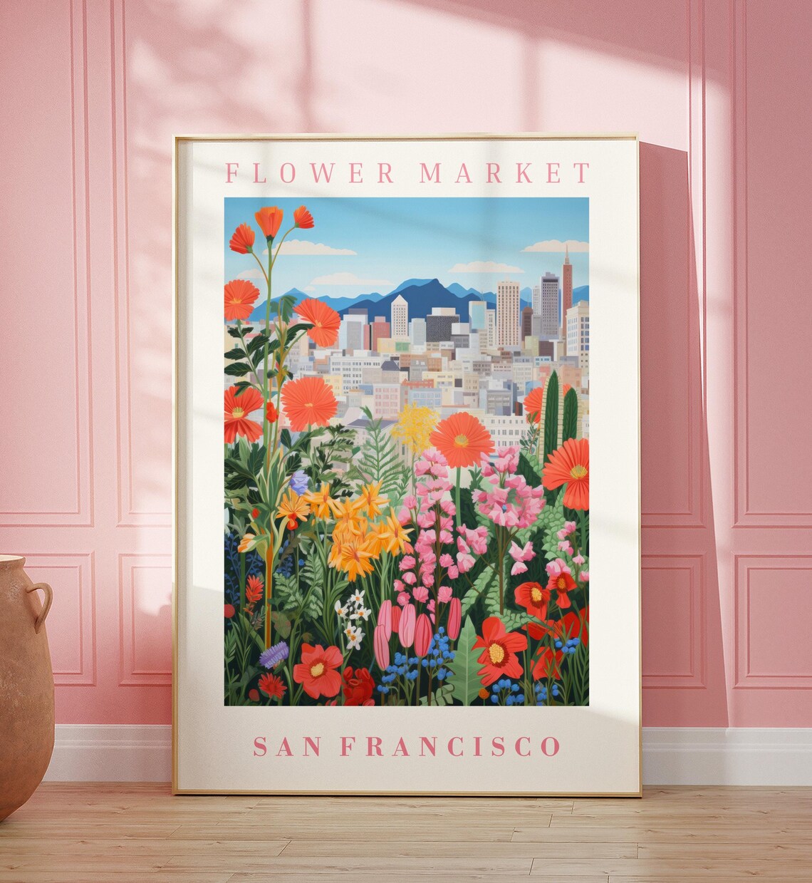 San Francisco Flower Market Travel Poster, Floral Illustration