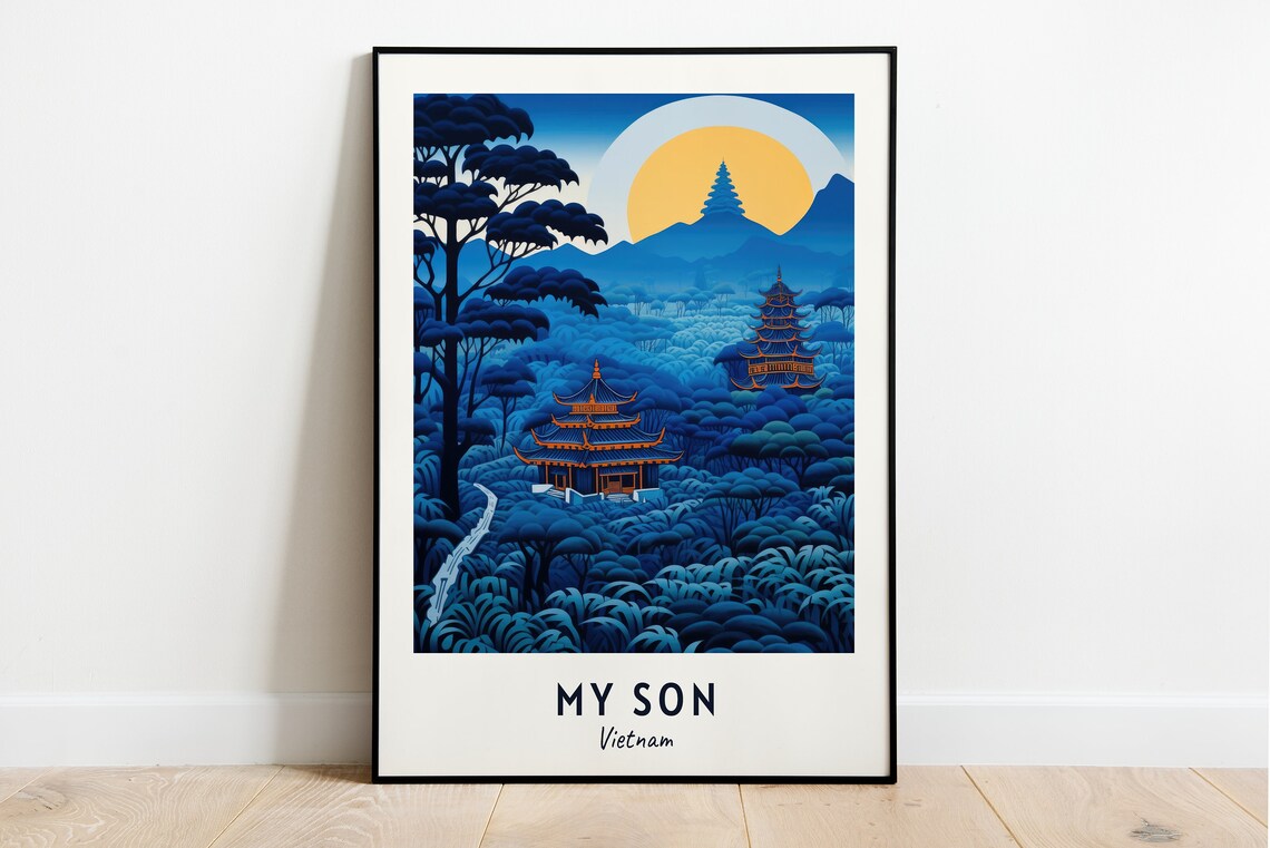 My Son Vietnam Temple Ruins Moonlit Jungle Travel Poster Artwork