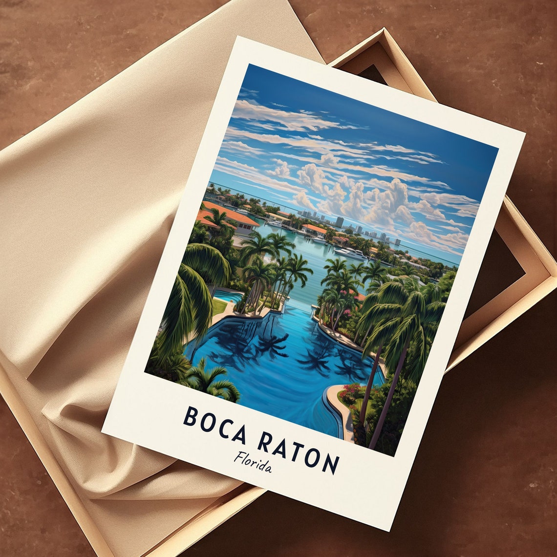 Boca Raton Florida Tropical Lagoon Palm Trees Skyline Travel Poster - Image 3