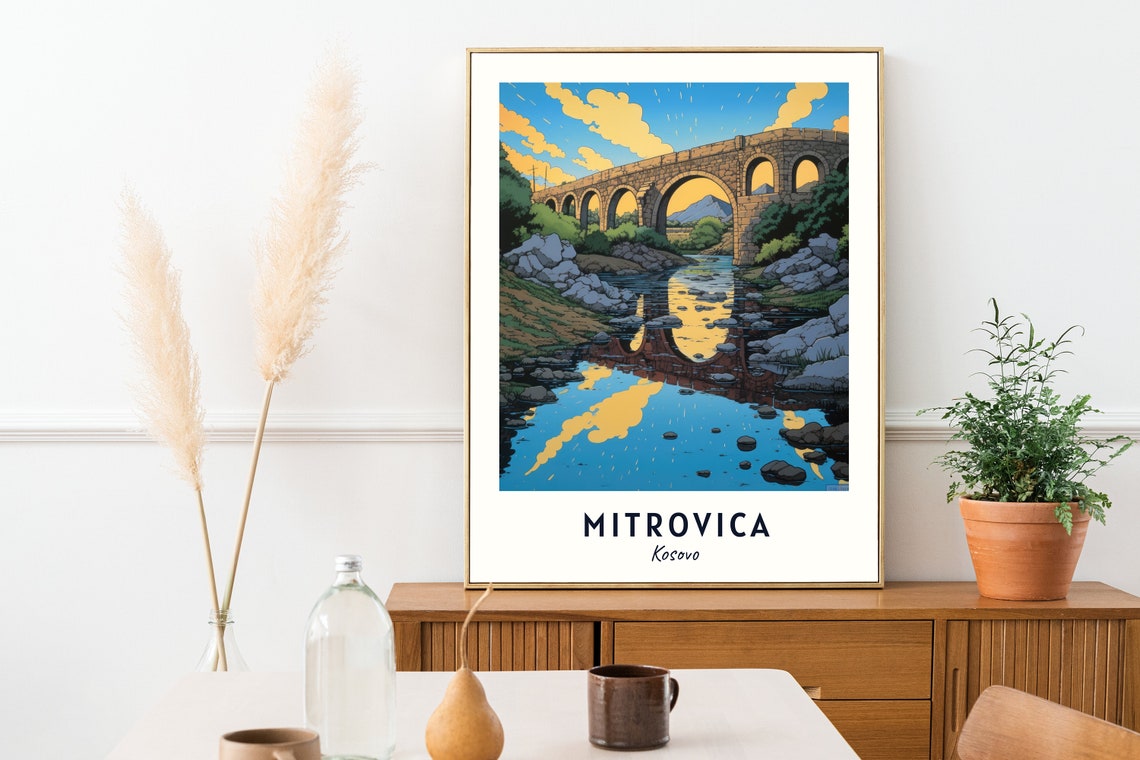 Mitrovica Kosovo Stone Arch Bridge Reflected In Calm River Poster - Image 2