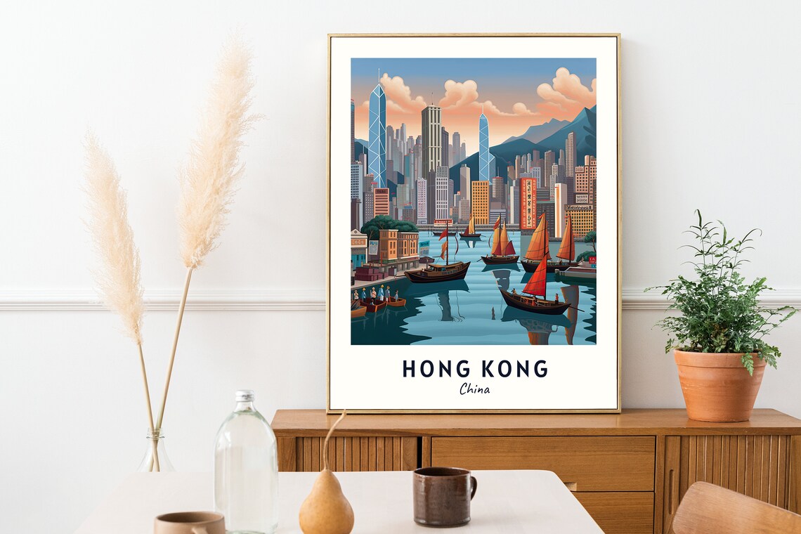 Hong Kong Victoria Harbour Sunset Skyline Illustrated Travel Poster - Image 2