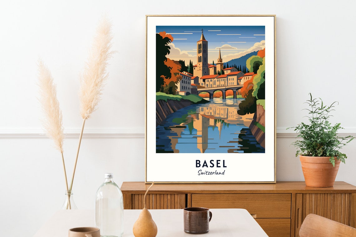 Basel Switzerland Old Town Bridge River Reflection Travel Poster - Image 2