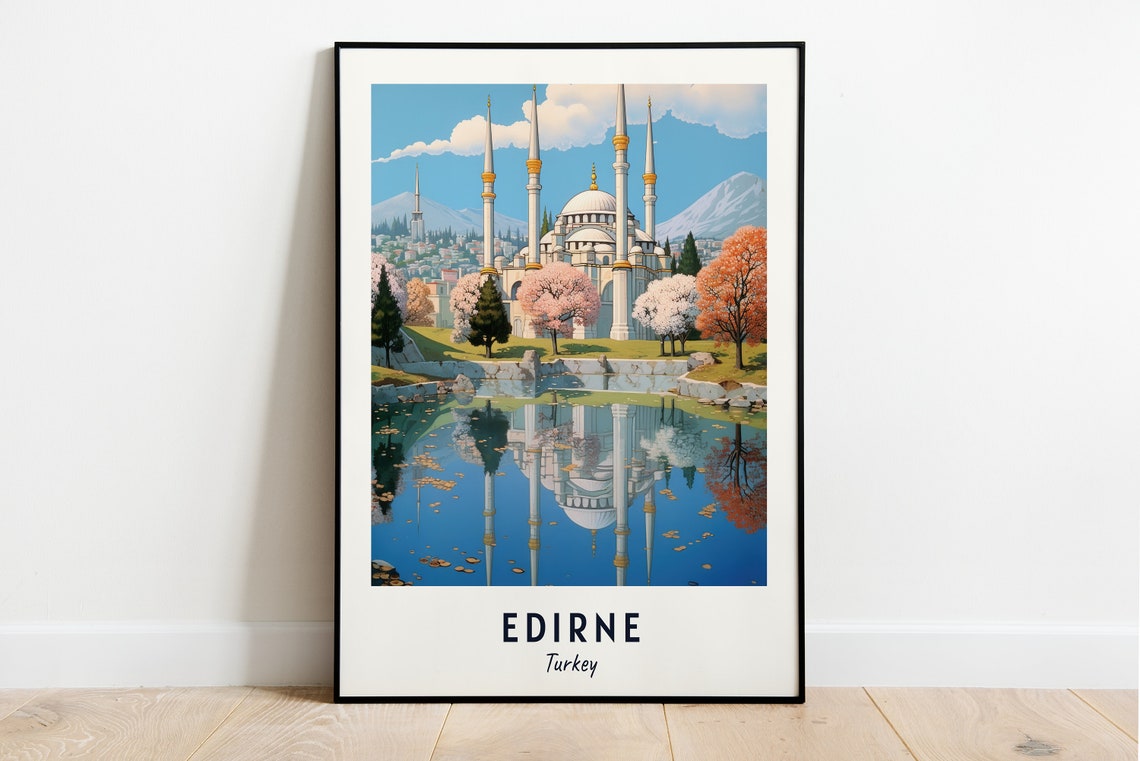 Edirne Selimiye Mosque Minarets Blossom Pond Trees Travel Poster