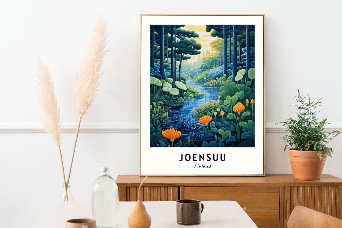 Joensuu Lush Forest Stream with Golden Wildflowers in Finland Poster - Image 2