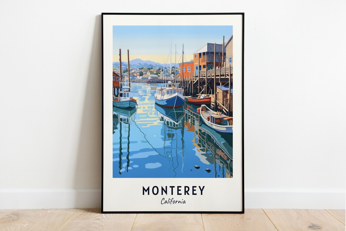 Monterey California Old Fishing Harbor Boats Wharf Travel Poster