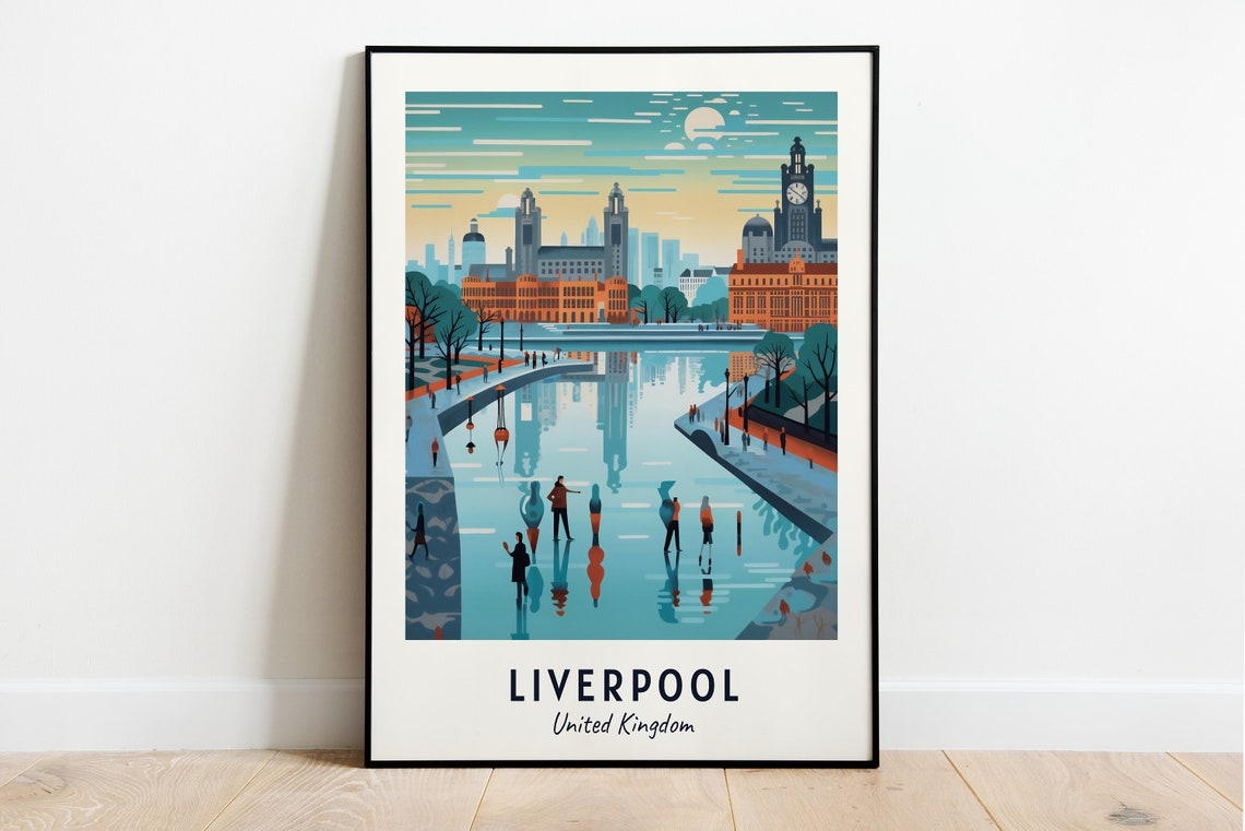 Liverpool Waterfront Skyline Winter Skating Rink Scene Travel Poster