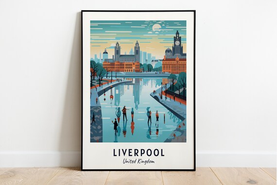 Liverpool Waterfront Skyline Winter Skating Rink Scene Travel Poster