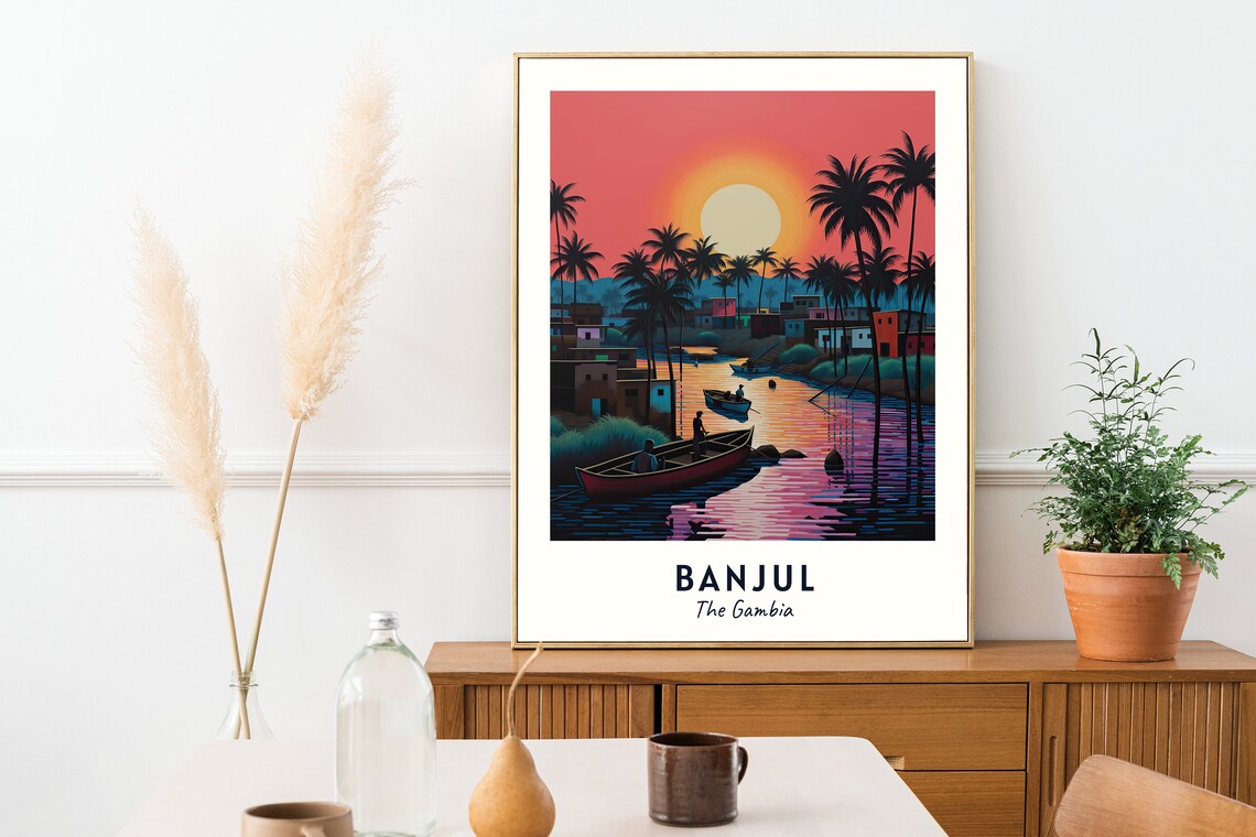 Banjul The Gambia Sunset River Boats Tropical Palm Silhouette Poster - Image 2