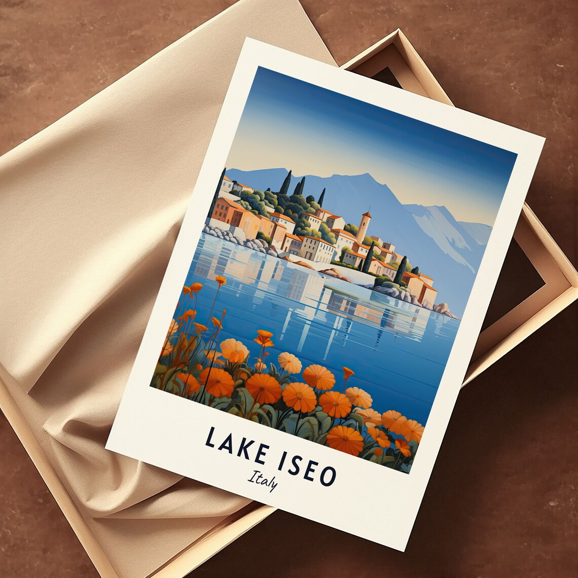 Lake Iseo Italy Lakeside Village Sunset Orange Flowers Poster - Image 3