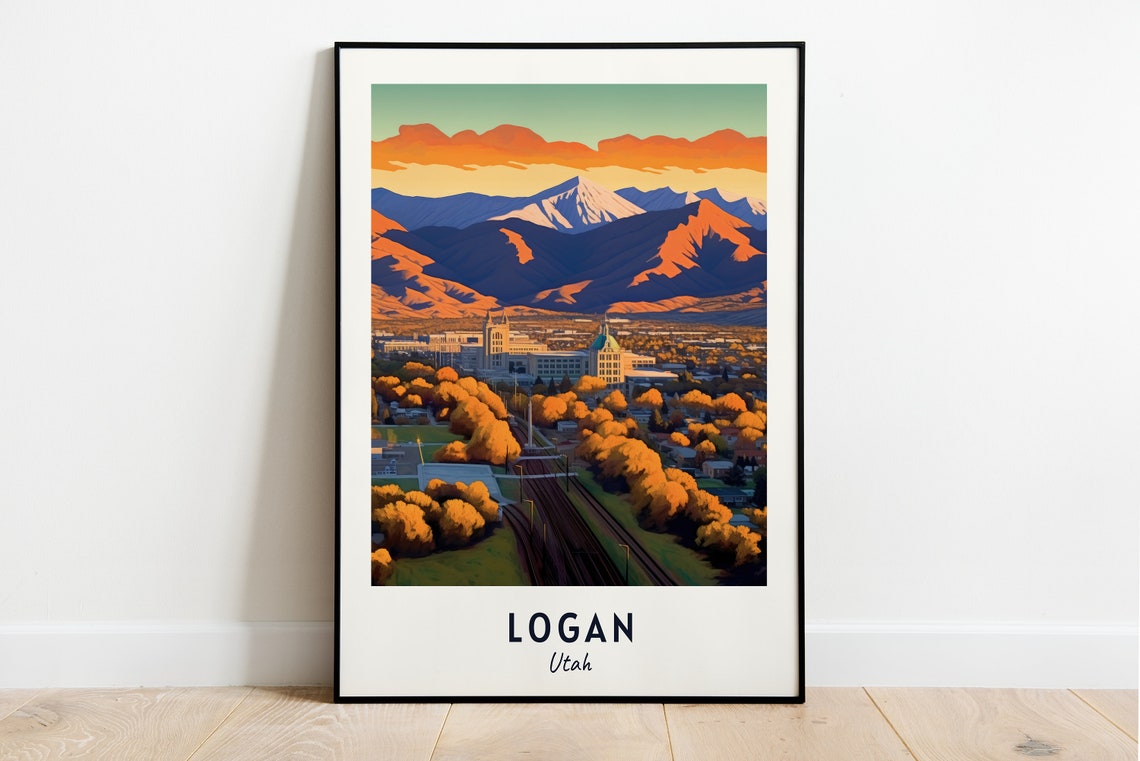 Logan Utah City Sunrise Mountain Peaks Fall Trees Travel Poster