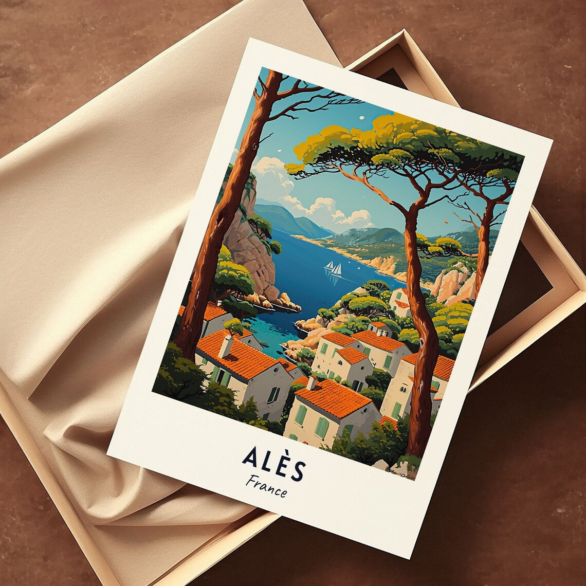Alès France Coastal Village Sailboat Bay Vintage Travel Poster - Image 3