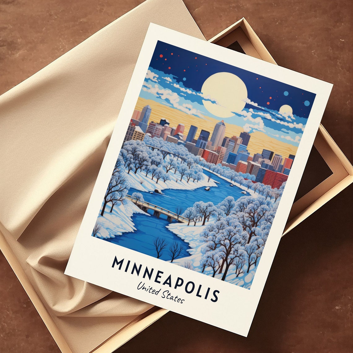 Minneapolis Minnesota Winter Night River Snowy Skyline Poster - Image 3