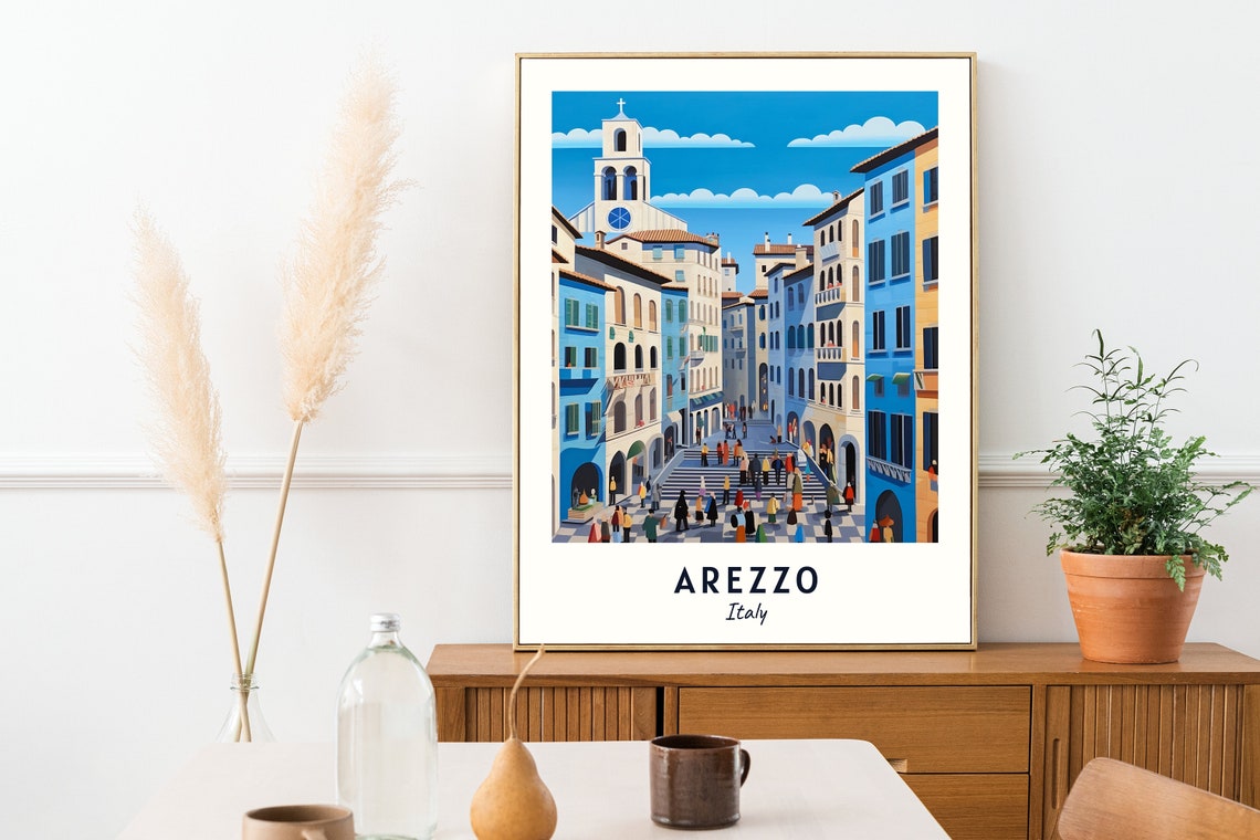 Arezzo Italy Sunlit Piazza Crowd Vintage Travel Poster Home Decor - Image 2