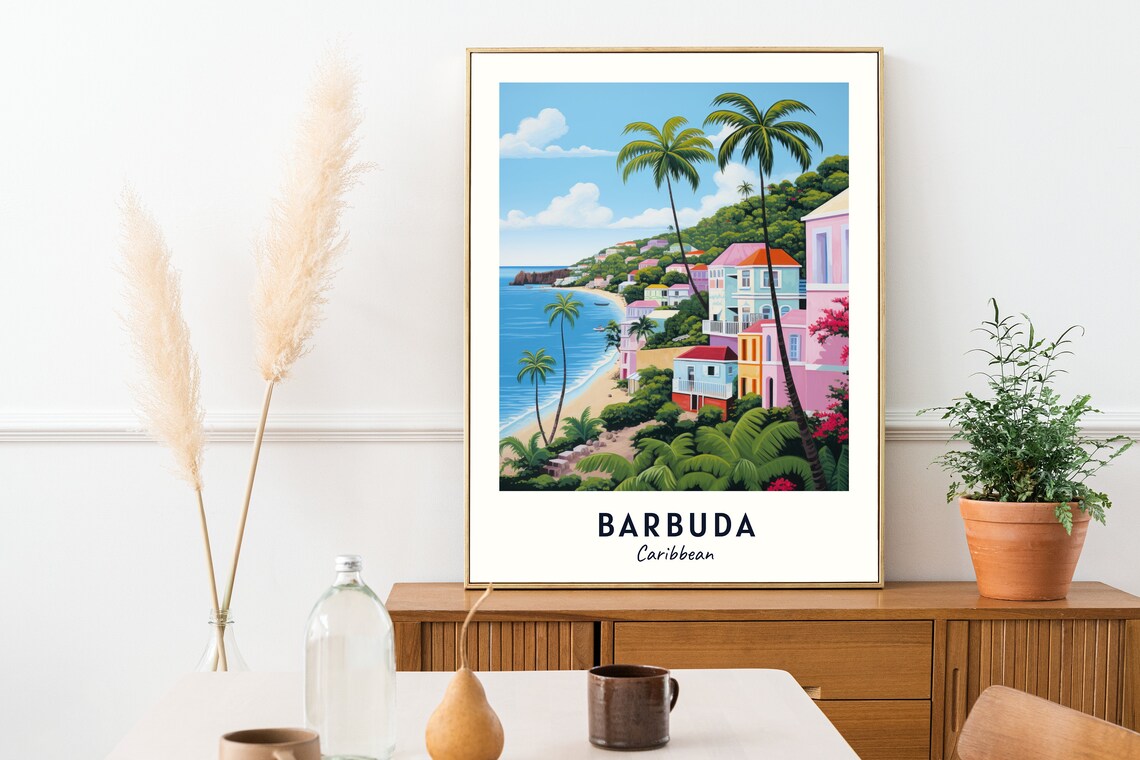 Barbuda Caribbean Palm Beach Pastel Seaside Houses Escape Poster - Image 2