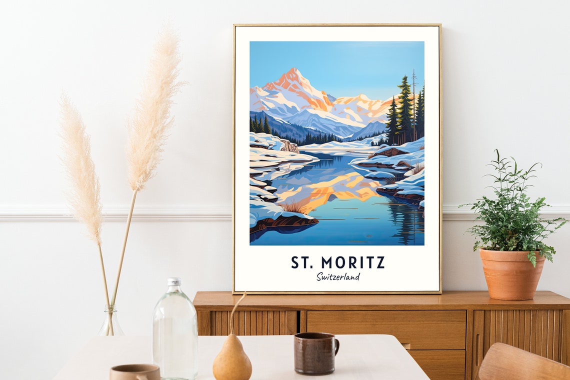 St Moritz Switzerland Snowy Peaks Mirrored In A Still Lake Poster - Image 2
