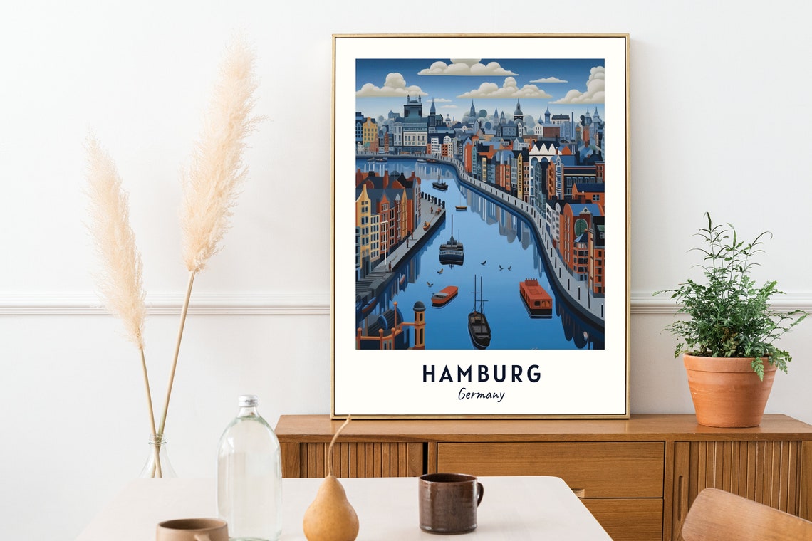 Hamburg Germany Canal Aerial View Ships Travel Poster Home Decor - Image 2