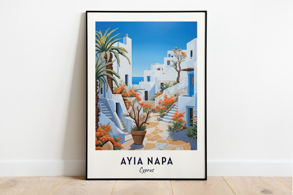 Ayia Napa Cyprus Whitewashed Village Bougainvillea Travel Poster