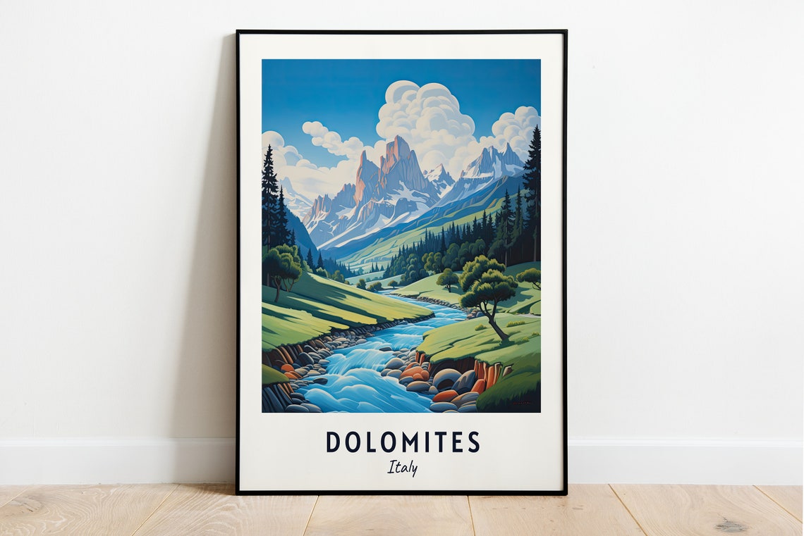 Dolomites Italy Jagged Alpine Peaks Mountain Stream Travel Poster