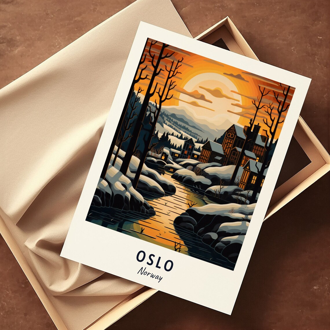 Oslo Winter River Village Sunset Snowy Riverbanks Travel Poster - Image 3
