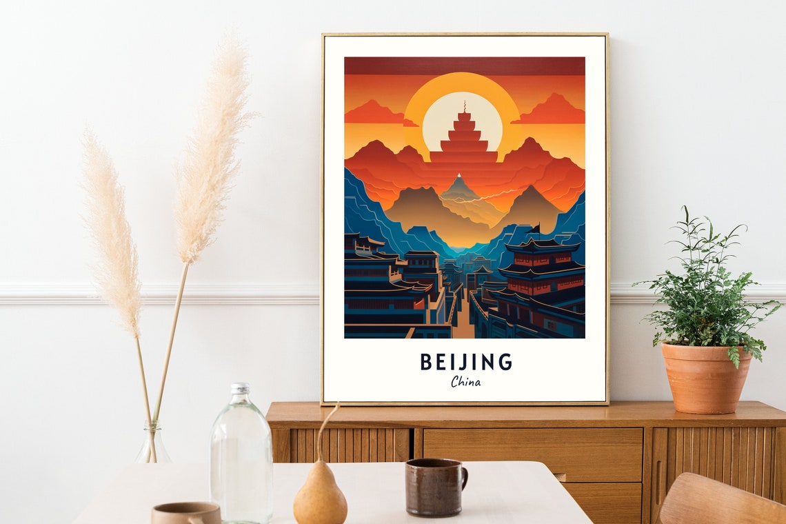 Beijing China Mountain Pagoda Sunset Silhouette City Travel Poster - Image 2