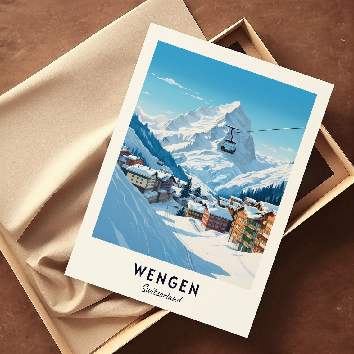 Wengen Switzerland Gondola Cable Over the Alpine Village Poster - Image 3