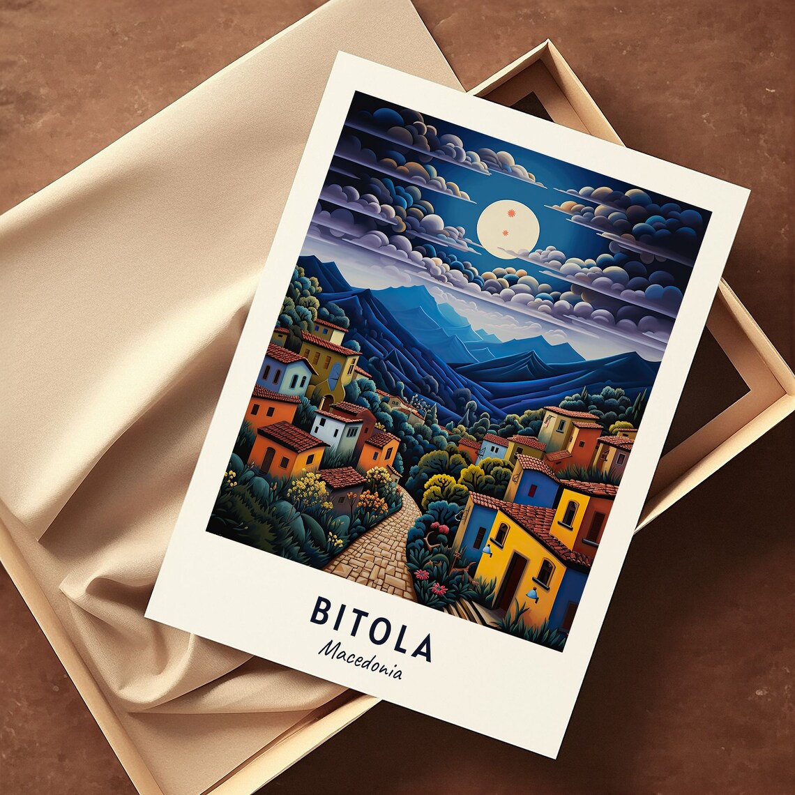 Bitola Macedonia Moonlit Mountain Village Night Folk Art Travel Poster - Image 3
