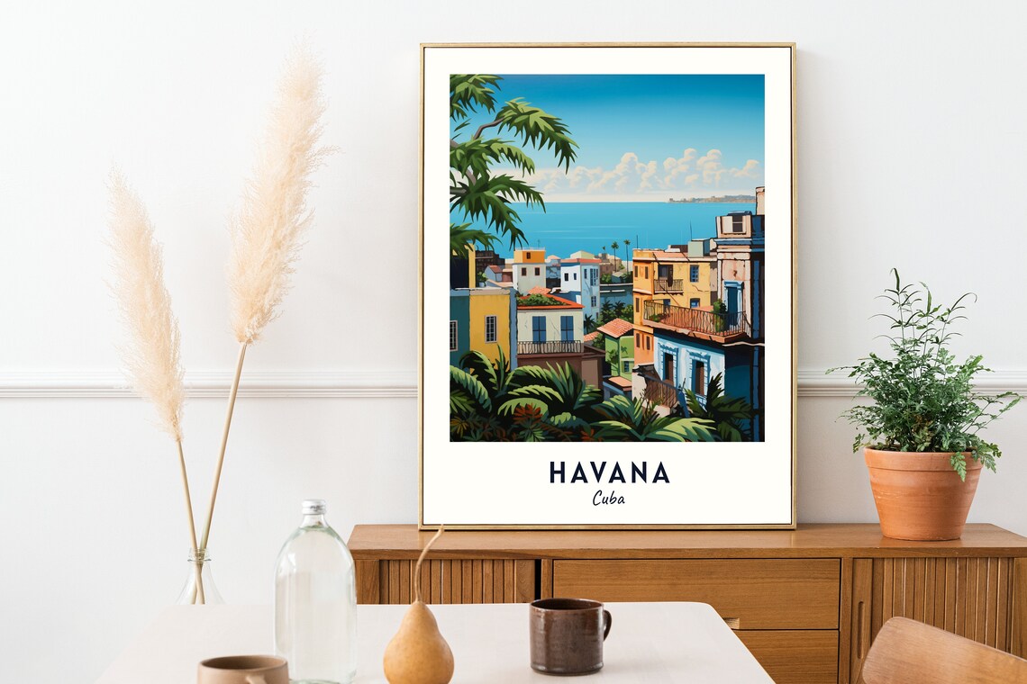 Havana Colorful Colonial Street Palms Seaside Cuba Travel Poster - Image 2