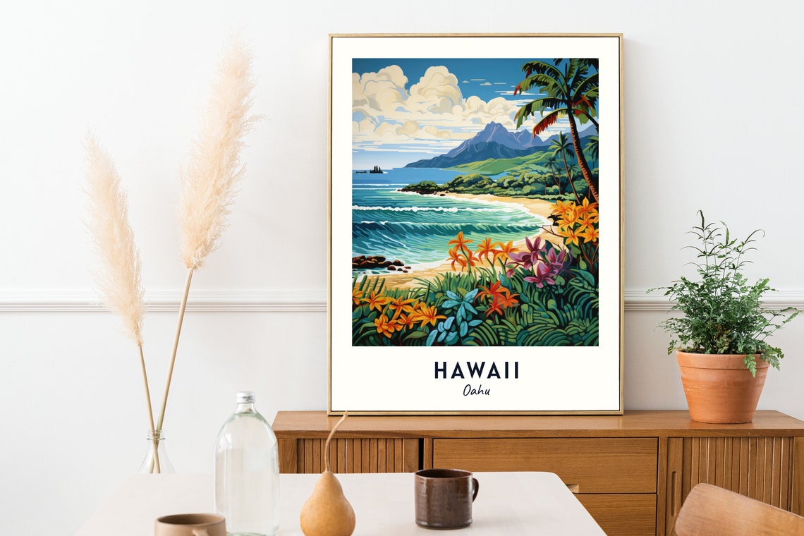Hawaii Oahu Tropical Beach Palm Trees Mountain Ocean Travel Poster - Image 2