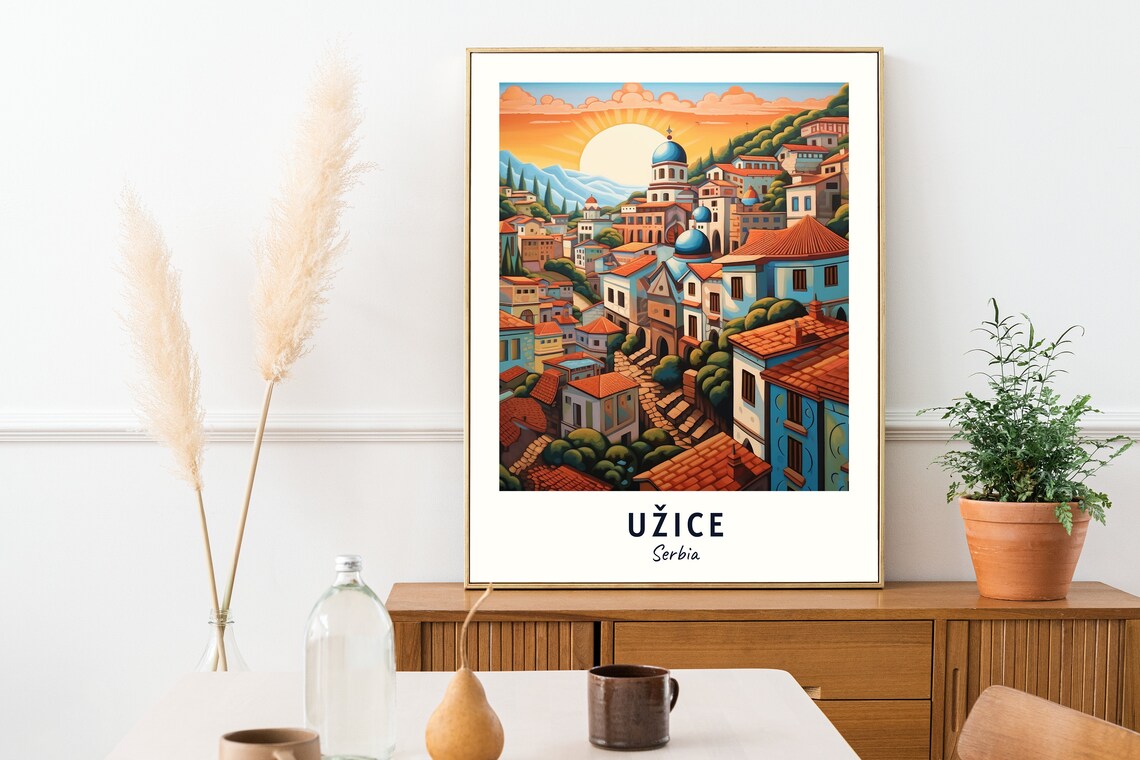 Uzice Old Town Sunrise over the Hills Serbia Vintage Travel Poster - Image 2