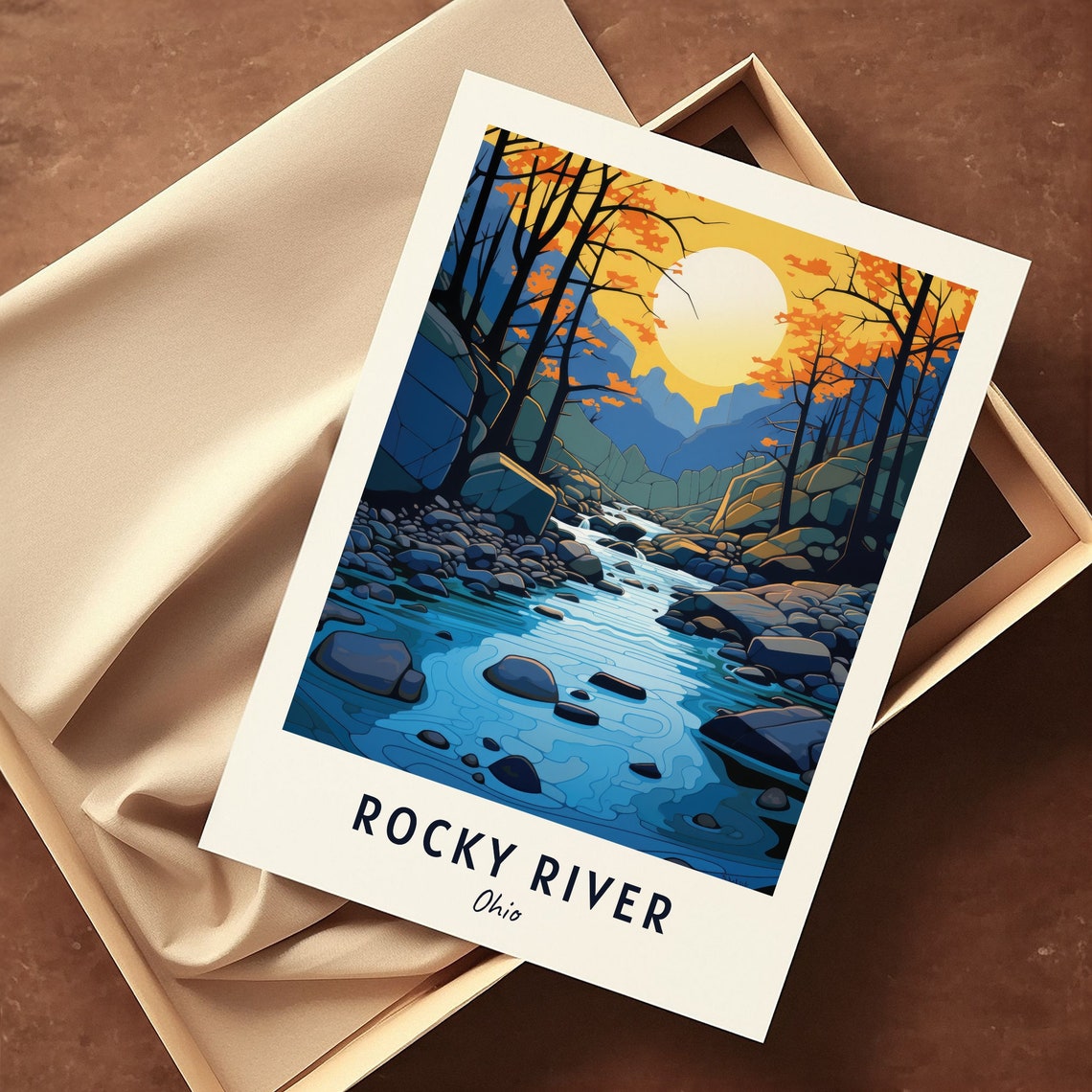 Rocky River Ohio Autumn Gorge Stream Golden Light View Poster - Image 3